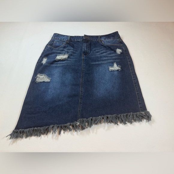 Ashley Stewart Dresses & Skirts - Ashley Stewart factory Distressed Asymmetrical dark blue Denim Skirt 16 (bin W)